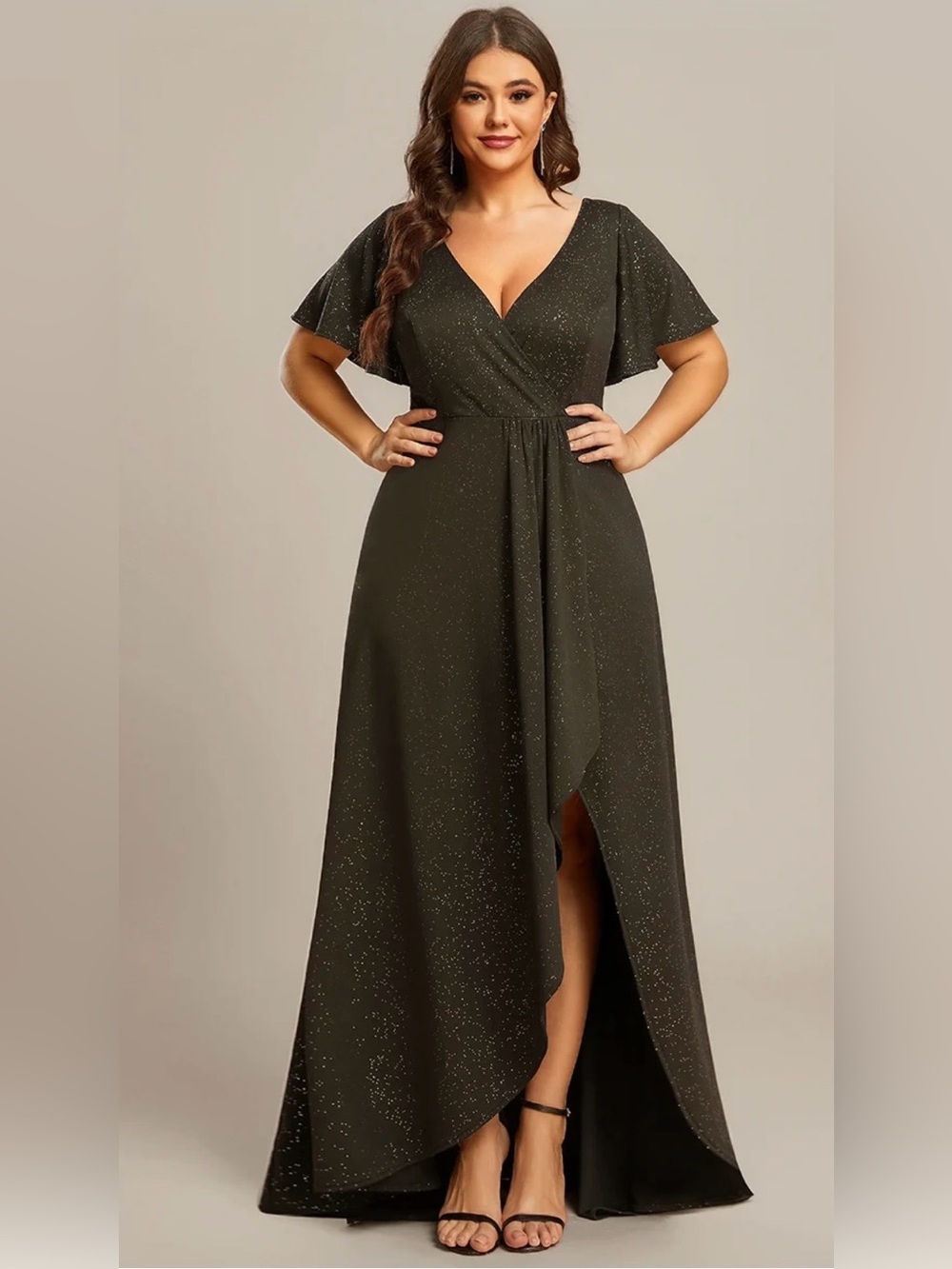 NWT Ever Pretty Army Green Sparkle High-Low Wrap Maxi Dress, Sz 18
